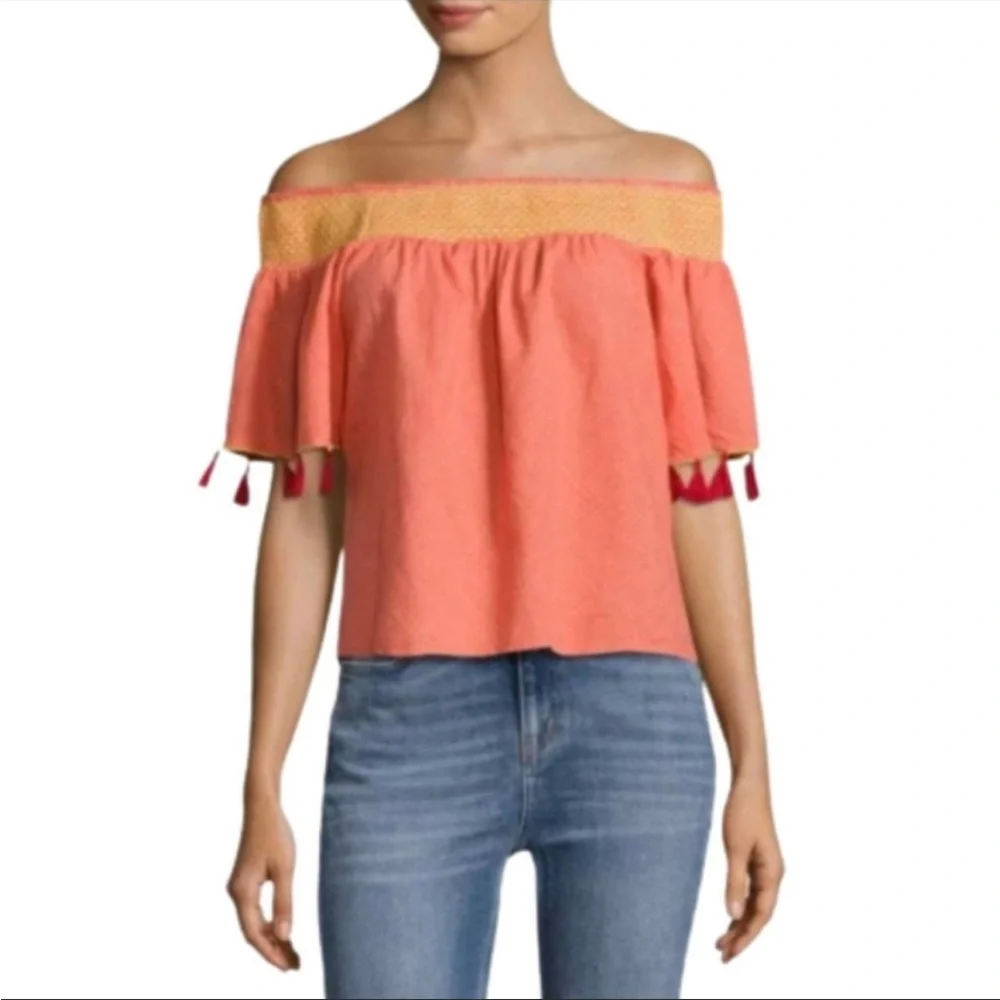Banjanan Off the Shoulder Tassel Top Coral Pink Small - Picture 7 of 8